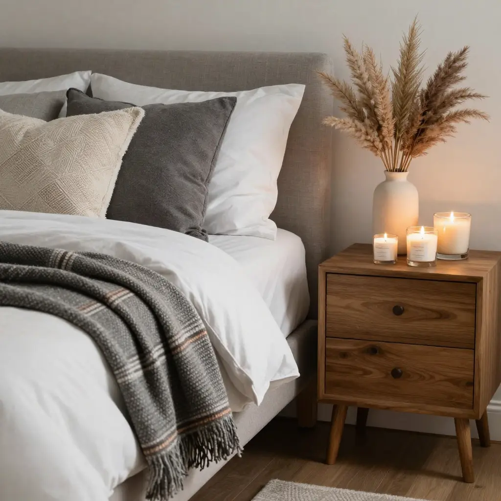 Cozy styled bedroom with seasonal decor elements